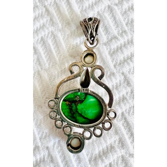 Vintage Sterling Silver Mojave Turquoise & Pearl Pendant 925 Boho 7g Green - Picture 6 of 10